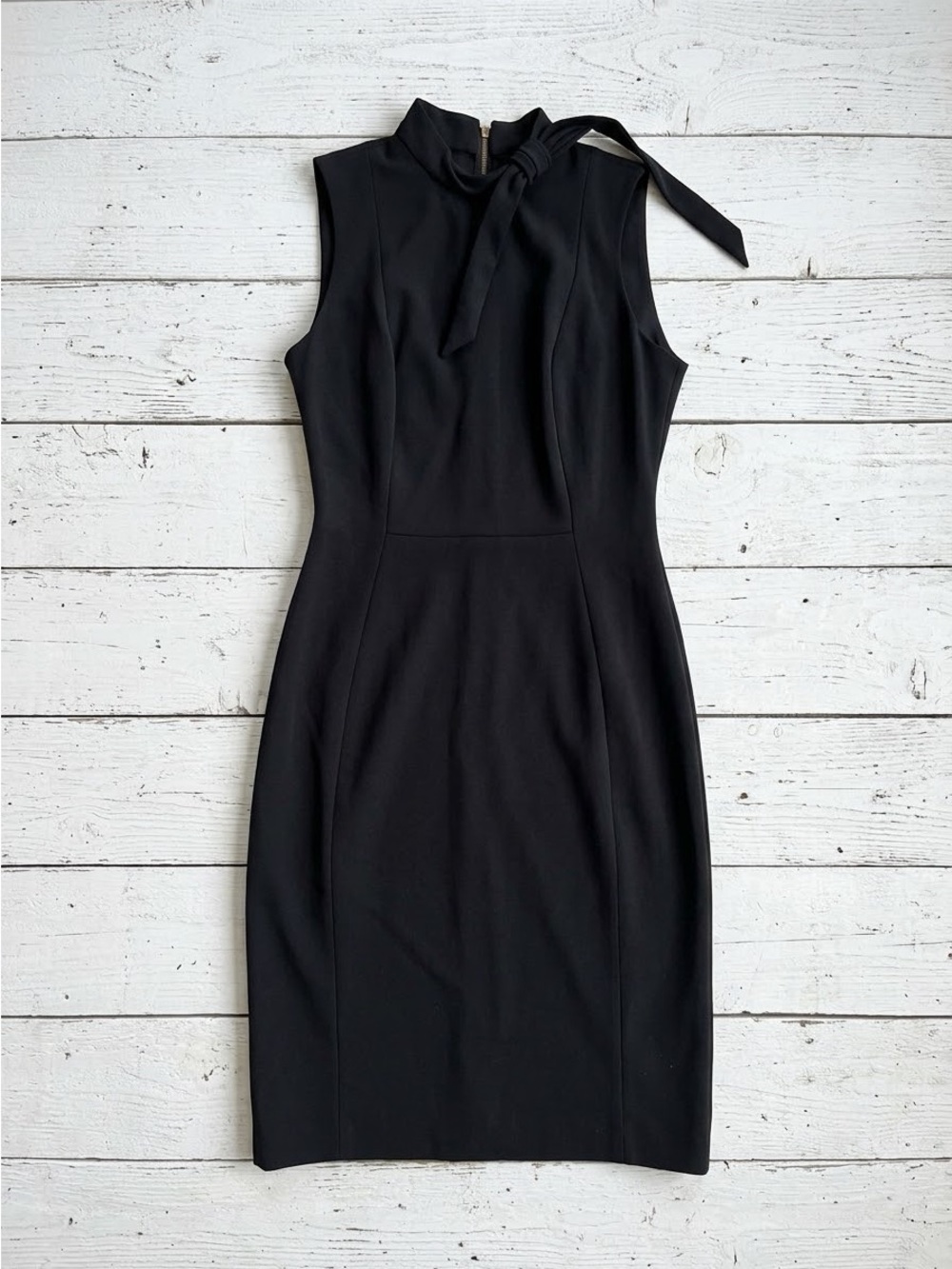Calvin Klein Black Sleeveless Bow Neck Sheath Dress Exposed Zipper Size 2